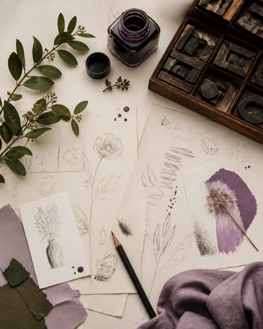 Flat-lay of a creative desk with purple ink, vintage typesetter letters, pencil sketches, and green foliage on cream paper