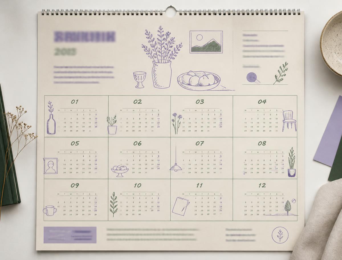 Printed wall calendar layout with a minimal grid and hand-drawn ink doodles