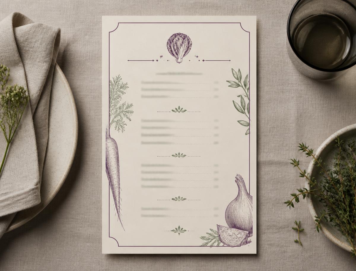 Menu card layout with vegetable ink illustrations and a decorative border