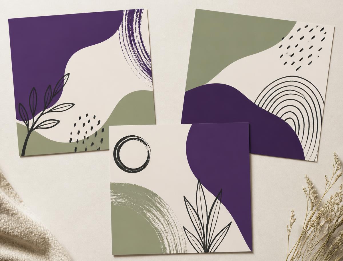 Set of social media graphic cards with abstract purple and green shapes