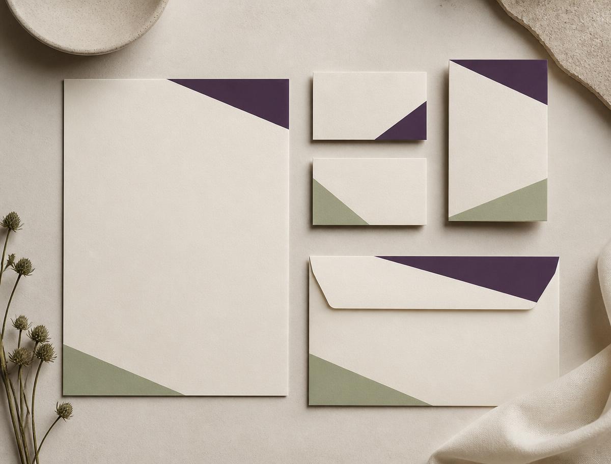 Business stationery set with letterhead, cards and envelope in purple and green