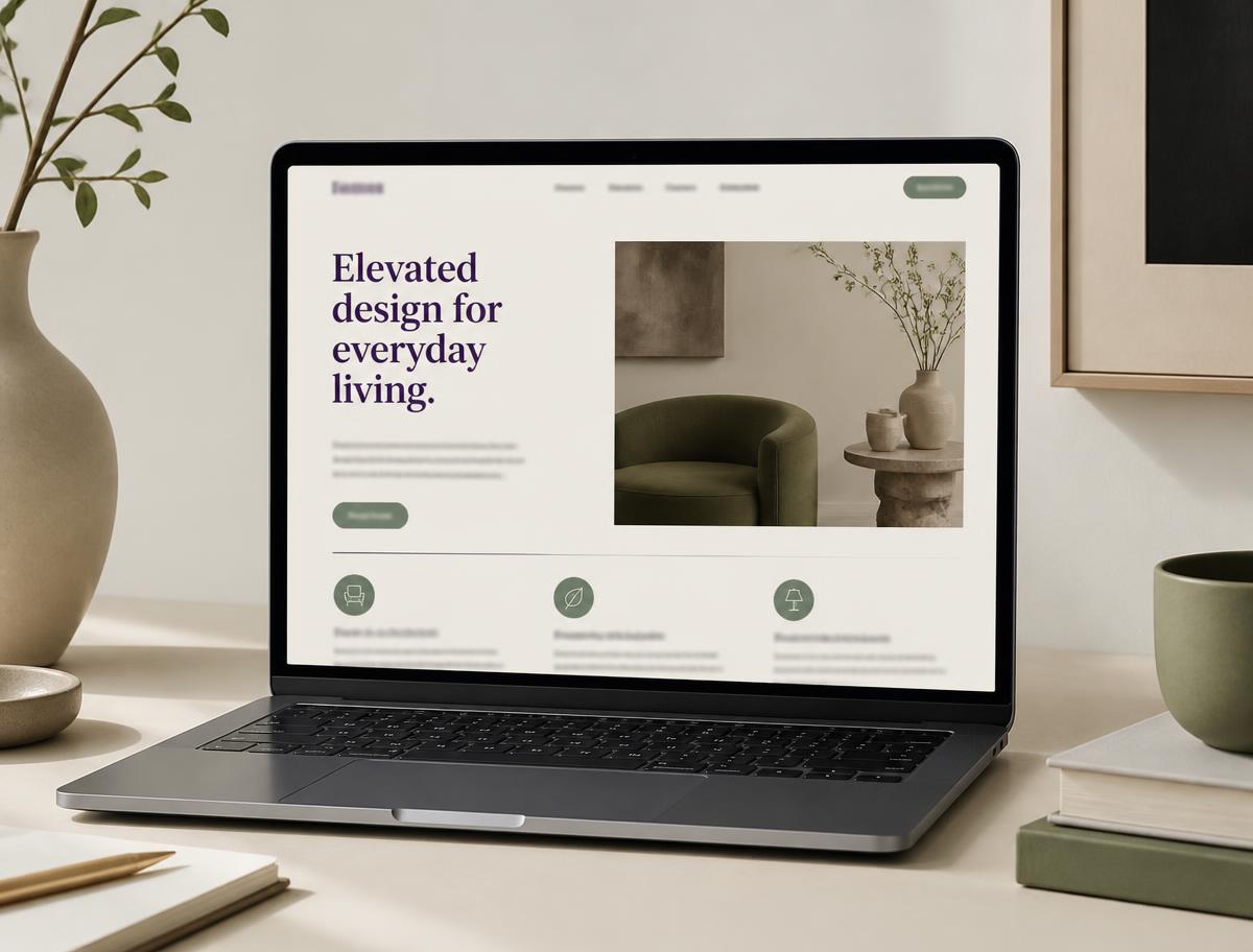 Laptop showing a minimal editorial website layout in cream, purple and green