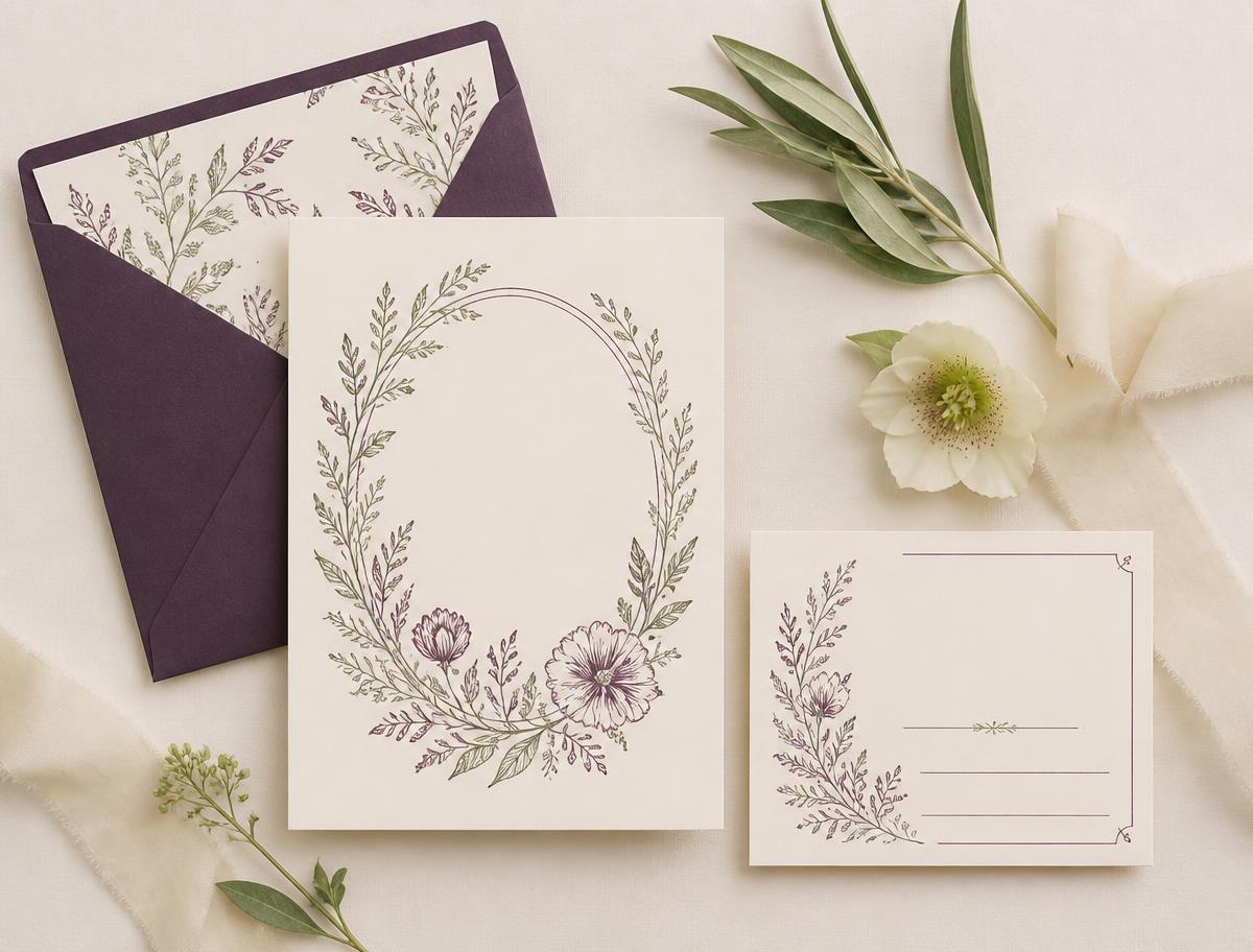 Wedding stationery suite in cream paper with purple and green botanical line art